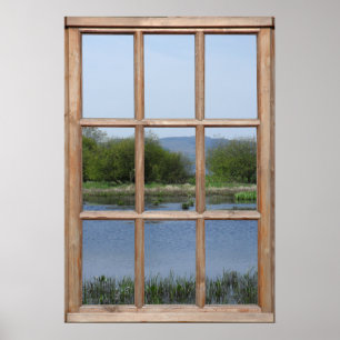 Affiche Vue sur le lac et les collines depuis une fenêtre