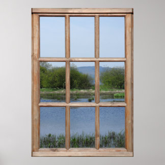 Affiche Vue sur le lac et les collines depuis une fenêtre