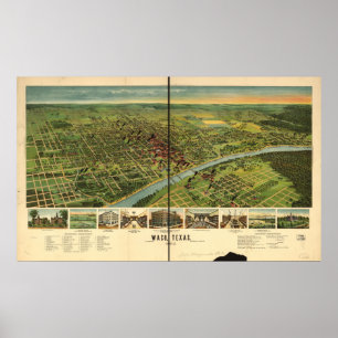 Affiche Waco Texas 1892 Carte panoramique antique