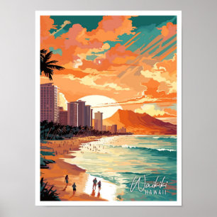 Affiche Waikiki Hawaii Art illustration de voyage vintage