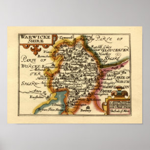 Affiche Warwickshire Comté Angleterre Ancien Antiquaire Ca