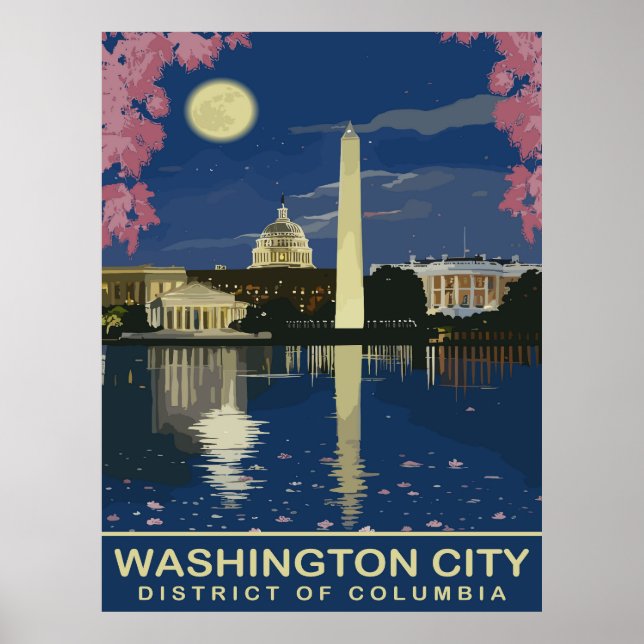 Affiche Washington DC, reflets de l'eau la nuit, voyage (Devant)