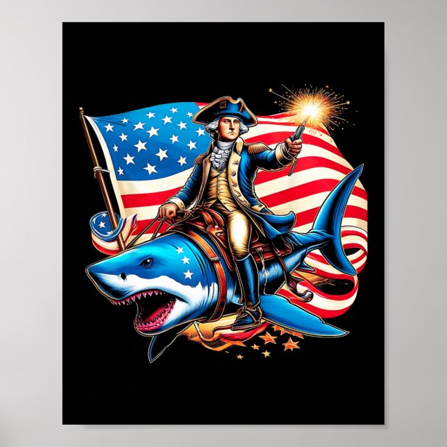 Affiche Washington Riding Shark Funny Juillet 4 American F (Devant)