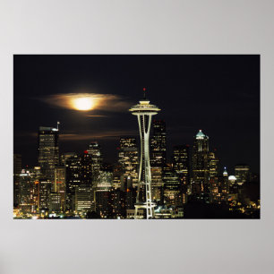 Affiche Washington, Seattle, Skyline la nuit depuis Kerry 