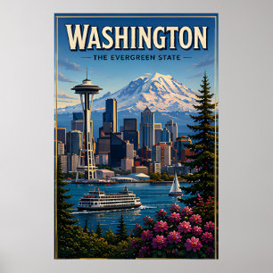Affiche Washington Seattle Skyline Montagne Front de mer