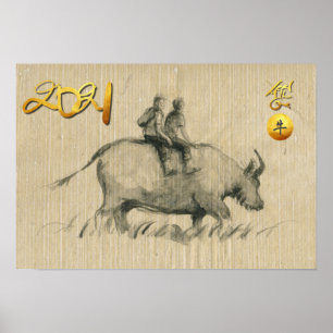 Affiche Water Buffalo Children Chinese Ox Année 2021 HorP