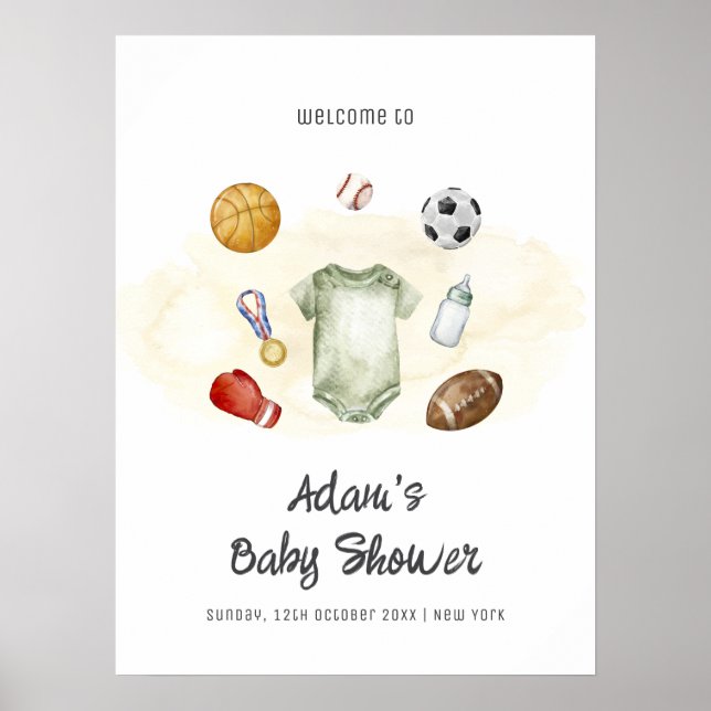 Affiche Watercolor All Star Sports Baby Shower Welcome  (Devant)