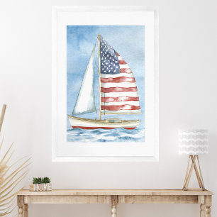 Affiche Watercolor American Flag Patriotique Sailboat