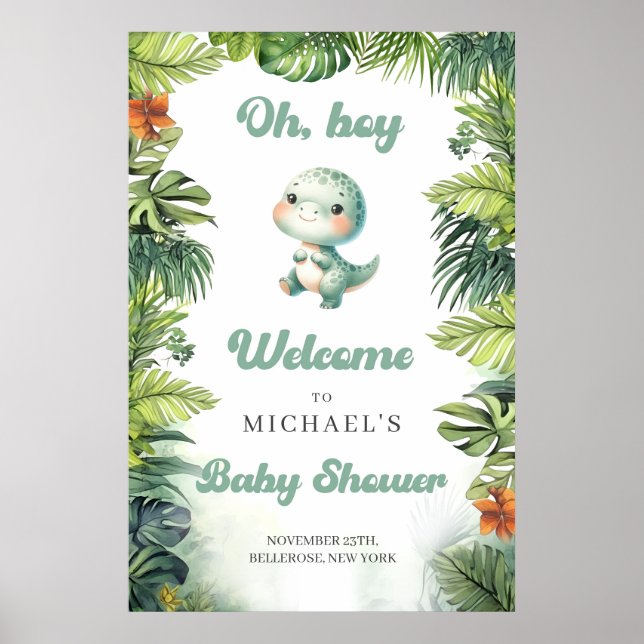 Affiche Watercolor baby dinosaur retro groovy welcome (Devant)