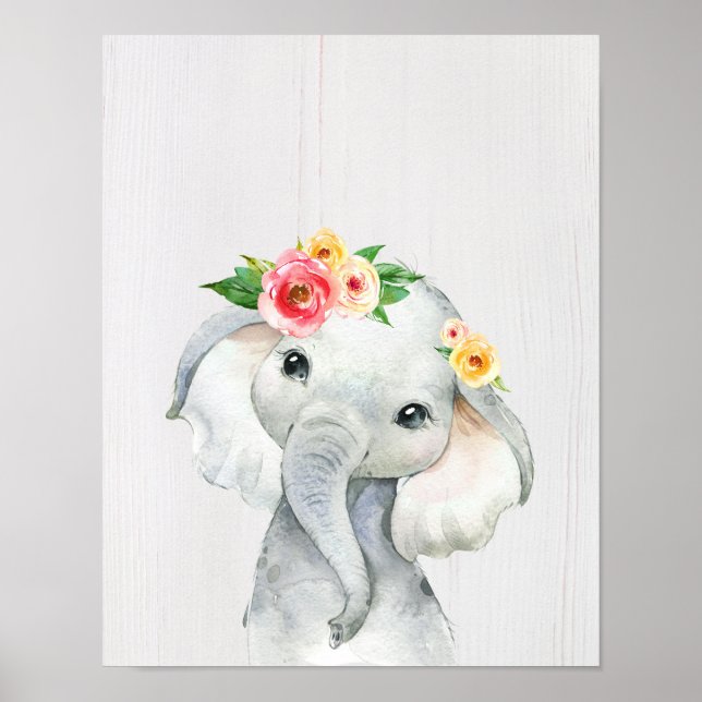 Affiche Watercolor Baby Elephant Nursery Print (Devant)