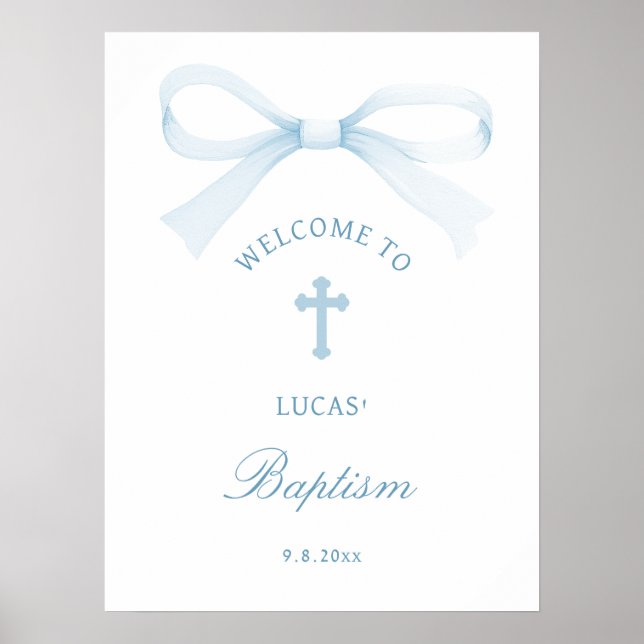 Affiche Watercolor Blue Bow Baptism Welcome (Devant)