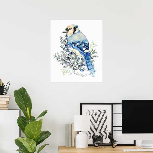 Affiche Watercolor Blue Jay Bird Blueberries Country Art (Bureau à domicile)