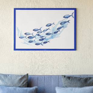 Affiche Watercolor Blue School of Fish