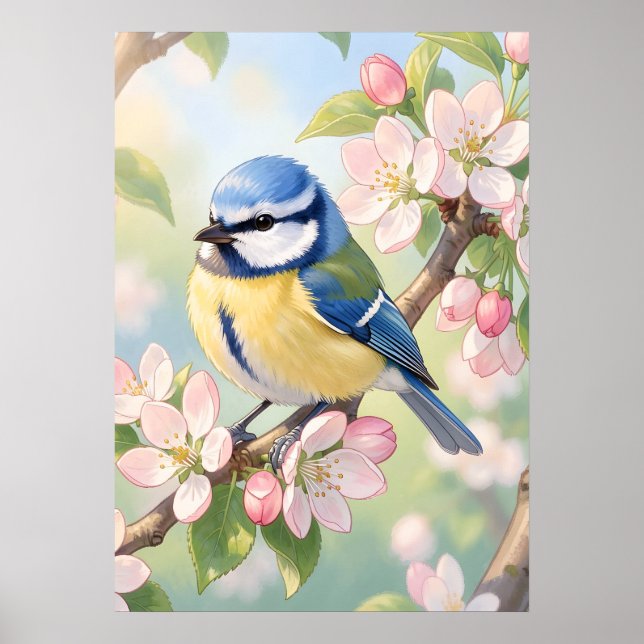 Affiche Watercolor Blue Tit Bird on Apple Tree Spring (Devant)