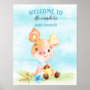 Affiche Watercolor Boy Piggy Baby shower Farm