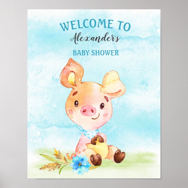Affiche Watercolor Boy Piggy Baby shower Farm (Devant)