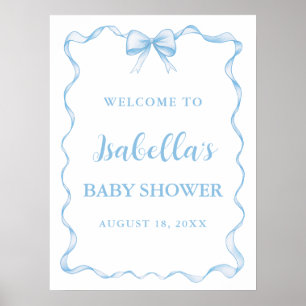 Affiche Watercolor Boy Ribbon Dusty Blue Bow Baby shower