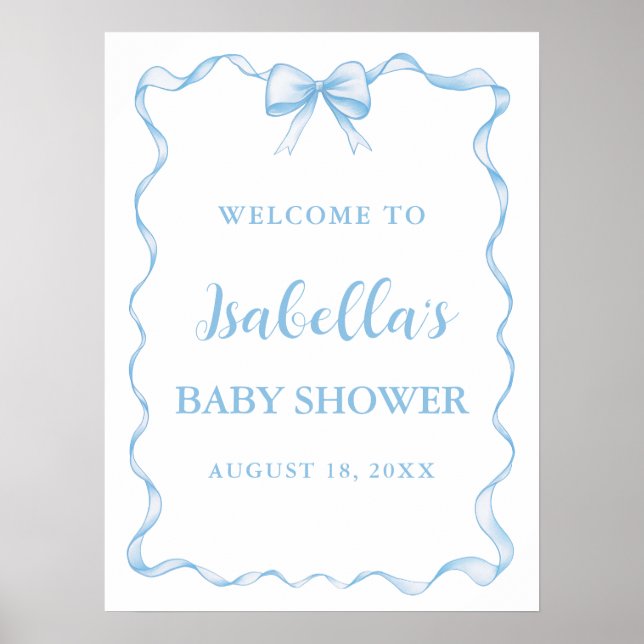 Affiche Watercolor Boy Ribbon Dusty Blue Bow Baby shower (Devant)