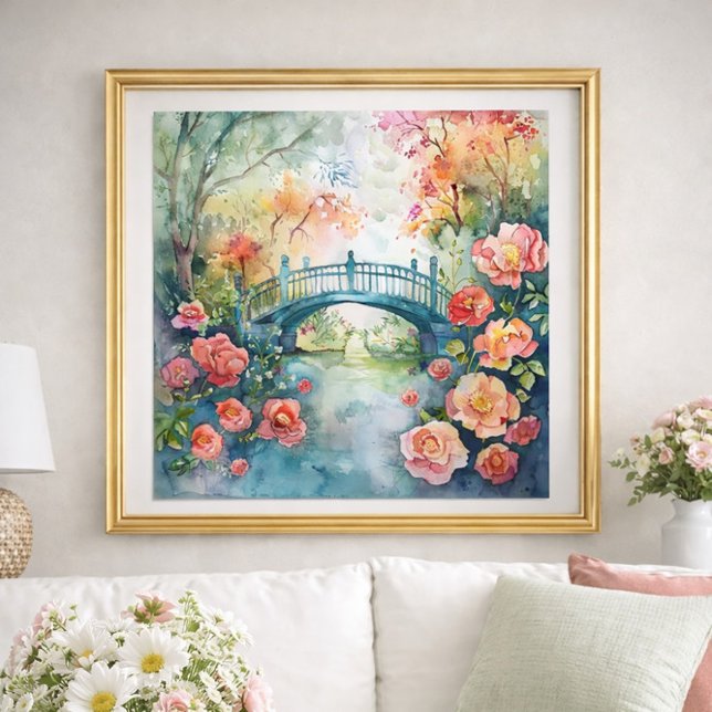 Affiche Watercolor Bridge Garden Floral  (Watercolor bridge and flowers wall art)