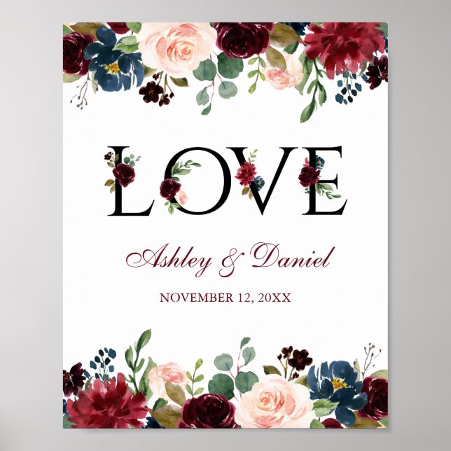 Affiche Watercolor Burgundy Blue Floral Love Wedding (Devant)