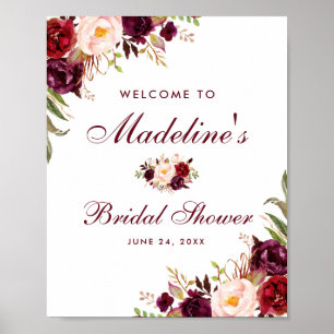 Affiche Watercolor Burgundy Floral Bridal Shower Welcome