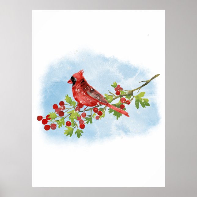 Affiche Watercolor Cardinal Bird on Berry Branch  (Devant)