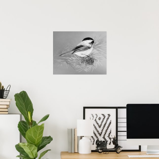 Affiche Watercolor Chickadee Bird Pine Cone Nature Art (Bureau à domicile)