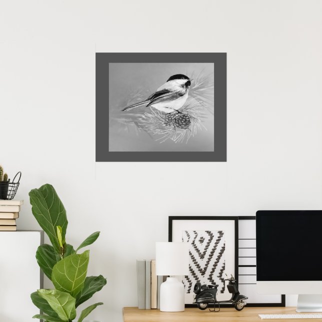 Affiche Watercolor Chickadee Bird Pine Cone Nature Art (Bureau à domicile)