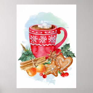 Affiche Watercolor Christmas Hot Chocolate Marshmallow