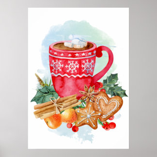 Affiche Watercolor Christmas Hot Chocolate Marshmallow