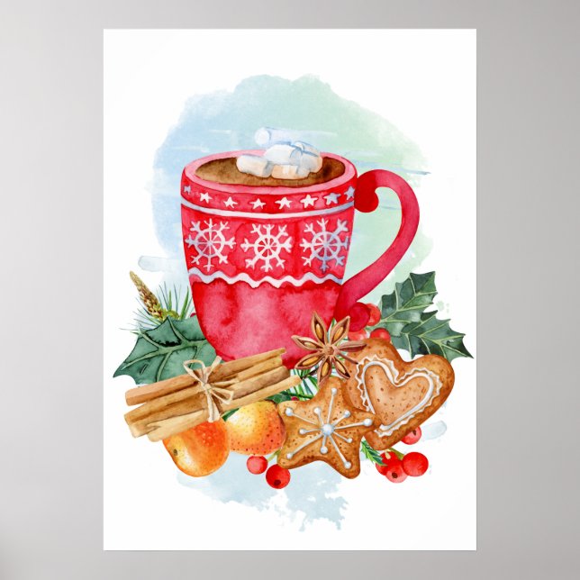 Affiche Watercolor Christmas Hot Chocolate Marshmallow (Devant)