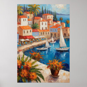 Affiche Watercolor Coastal Village Avec voilier Fleurs