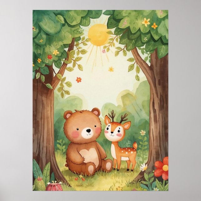 Affiche Watercolor Cute Bear & Deer Woodland Nursery Art (Devant)