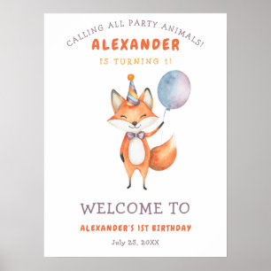 Affiche Watercolor Cute Fox 1er anniversaire