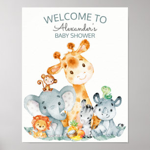 Affiche Watercolor Cute Safari Jungle Baby shower