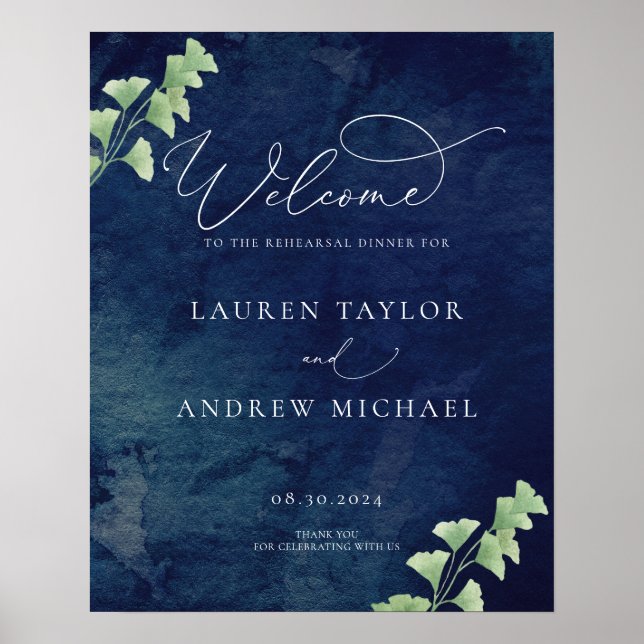 Affiche Watercolor Dark Blue Greenery Rehearsal Dinner (Devant)