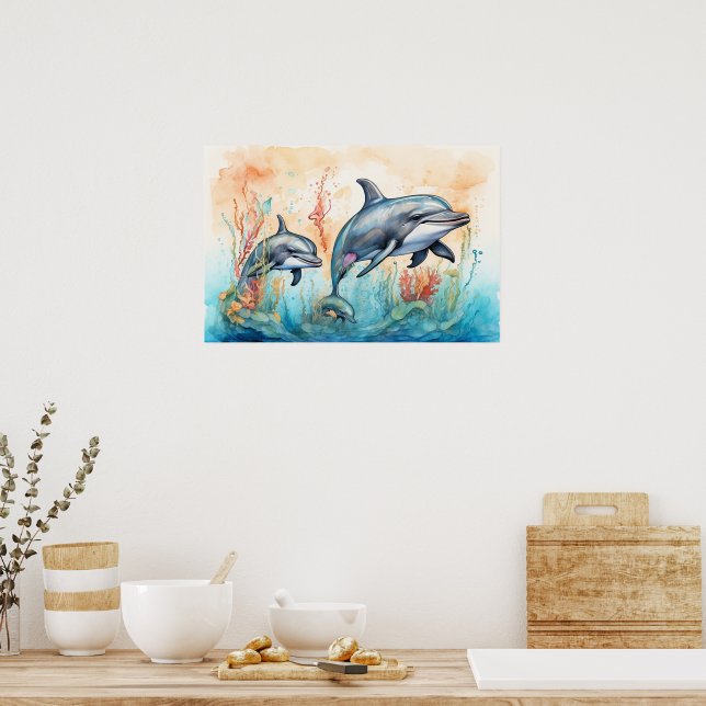 Affiche Watercolor dolphins art print (Cuisine)