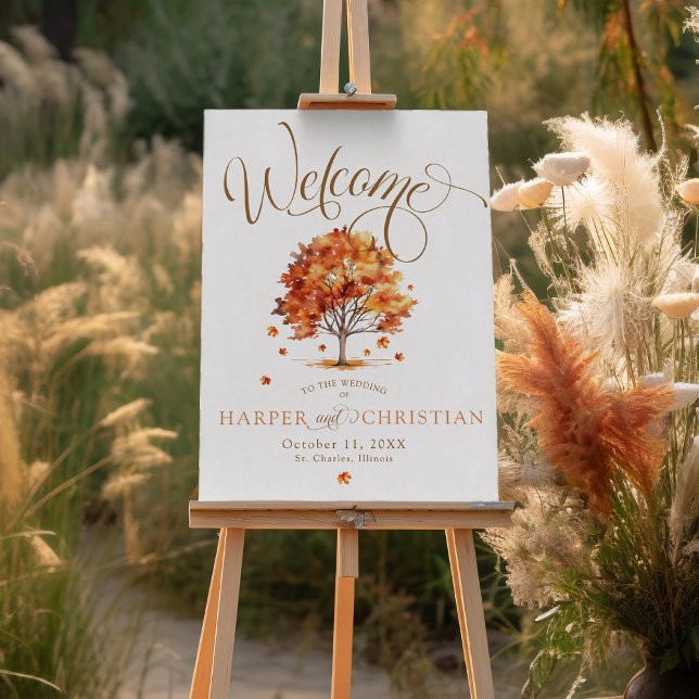 Affiche Watercolor Fall Tree Calligraphy Wedding Welcome (Elegant burnt orange brown white Fall leaves tree Autumn wedding calligraphy welcome poster sign)