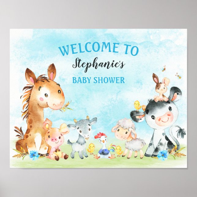 Affiche Watercolor Farm Animaux Baby shower garçon (Devant)