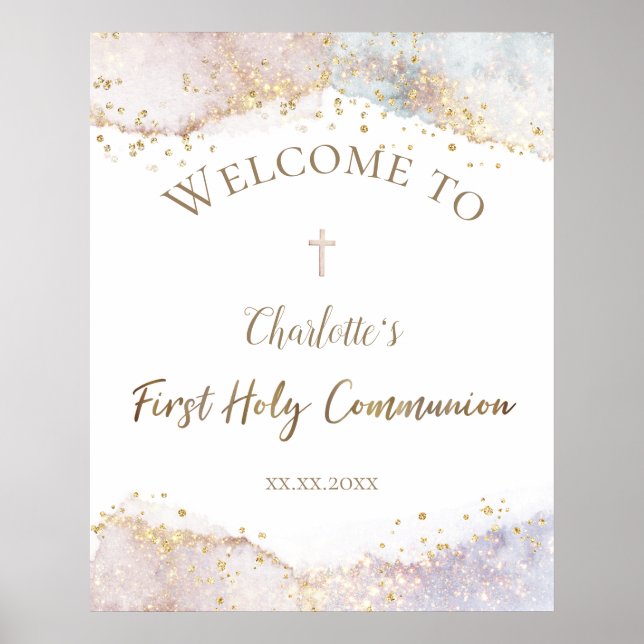 Affiche watercolor faux glitter First Communion welcome  (Devant)