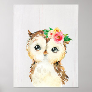 Affiche Watercolor Floral Baby Owl