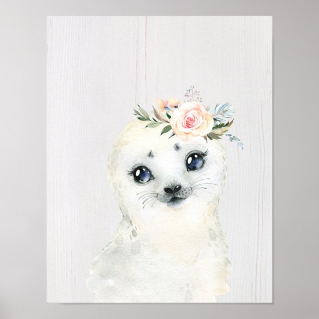 Affiche Watercolor Floral Baby Seal Snowy Animals (Devant)