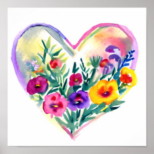 Affiche Watercolor Floral Heart Wreath