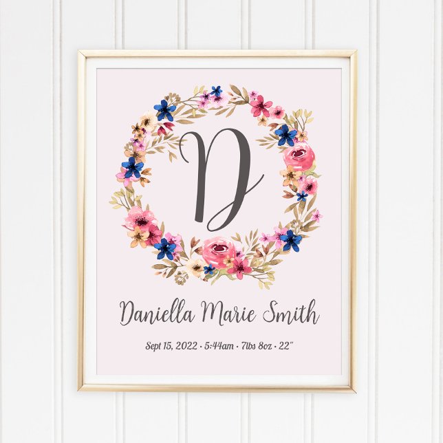 Affiche Watercolor Flowers Pink Baby Girl Name Birth Stats (Créateur téléchargé)