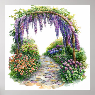 Affiche Watercolor Garden Gate Flowery Painting