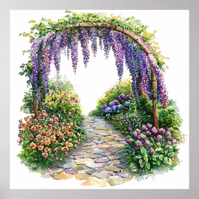 Affiche Watercolor Garden Gate Flowery Painting (Devant)