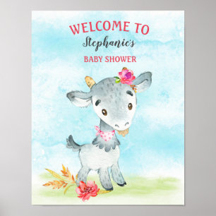 Affiche Watercolor Girl Goat Baby Shower Farm