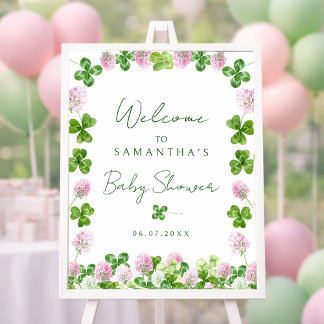 Affiche Watercolor Green Clovers Baby Shower Welcome Sign