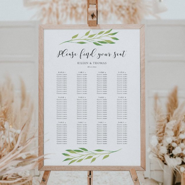 Affiche Watercolor green leaves wedding seating chart (Créateur téléchargé)