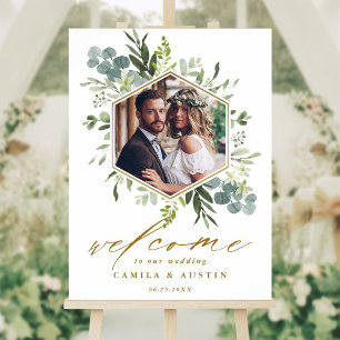 Affiche Watercolor Greenery Gold Hexagon Wedding Sign